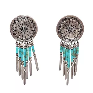 Sterling Silver Shield w/ Turquoise Heishi & Silver Bead Fringe Dangle Earrings  - Picture 1 of 6