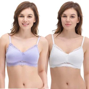 Plus Size Nursing Cotton Unlined Wirefree Bra With Lace Trim - Foto 1 di 7
