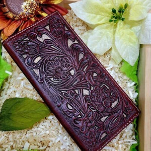 Western Wallet Rodeo Cowboy Floral Lasercut Real Leather bifold Brown & Beige - Picture 1 of 5