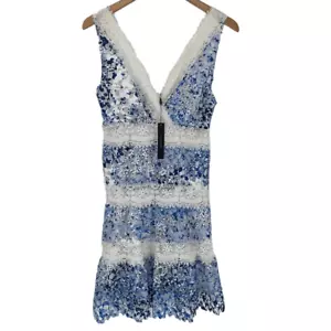 T Tahari Raya Kleid Spitze Overlay gesmokt V-Ausschnitt ärmellos blau weiß Damen 14 - Bild 1 von 7