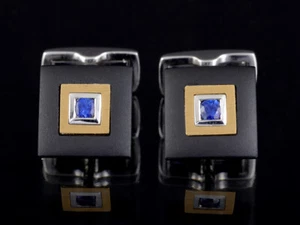 Gemelos elegantes con zafiro y ónix 0,26ct (grabado) 12,1g 750/- GG/WG - Imagen 1 de 6