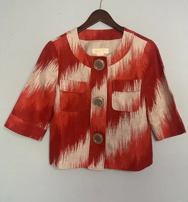 Michael Kors Linen Jacket Blazer Women’s Small P Red Tan Orange Big Buttons Top - Image 1 of 4