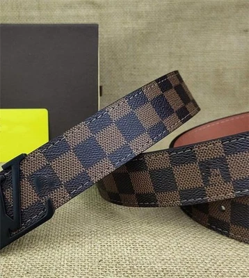 Men's belt brown checkered black buckle designer classic belt  box 95-125 - Image 1 of 3