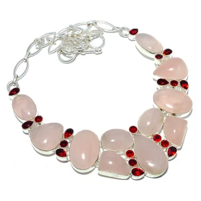 Cuarzo Rosa - Madagascar y Granate Collar Plata de Ley 925 17.99" T3 Foto 1 de 4