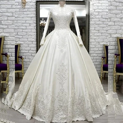 Muslim Wedding Dresses Hige Neck Long Sleeve Church Bride Dress Appliques - Image 1 of 4