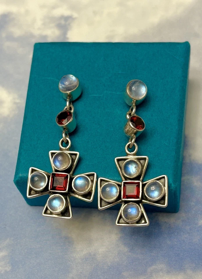 Pendientes Nicky Butler NB Plata Esterlina Piedra Lunar Azul y Granate CRUZ 925 Foto 1 de 3