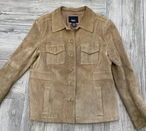Mossimo Blazer Jacket Women Large Beige Genuine Leather Suede Lined Coat - Picture 1 of 9