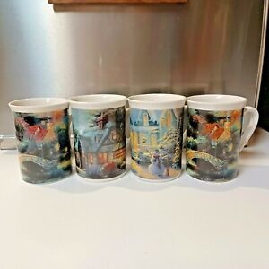 Set Of 4 Thomas Kinkade Coffee Mugs Cups 1995, 2002, 2005, Villages, Cottages