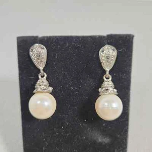 Pendientes de Perla Vintage Estrás Negro Plata Base Perforada Colgante Elegante - Imagen 1 de 5