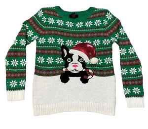 Cute Ugly Chistmas Sweater Girls X Large French Bulldog Green Sequin Hat - Picture 1 of 12
