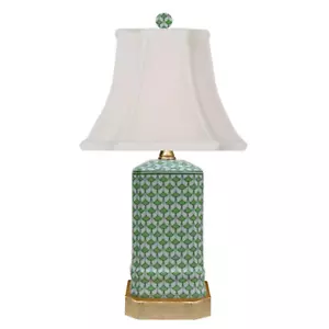 Petite Green & White Fishnet Porcelain Table Lamp With Gold Base 15.5"H - Picture 1 of 3
