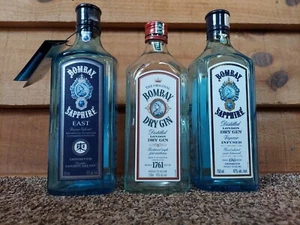 2 BLUE BOMBAY SAPPHIRE GIN BOTTLES, 1 BOMBAY DRY GIN, 750ml Empty w/caps crafts - Picture 1 of 6