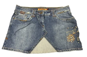 Y2K Mudd Denim 2000s Micro Mini Skirt Size 7 Low Rise Embroidered Boho Festival - Picture 1 of 15