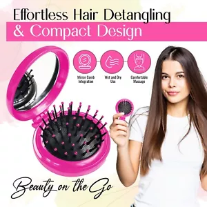 Compact 2-in-1 Folding Hair Brush & Mirror – Ultimate Travel Detangling Comb - Picture 1 of 5
