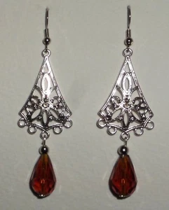 PENDIENTES DE GOTA DE VIDRIO FACETADO MARRÓN LARGO DE FILIGRANA LOTO ENCHAPADOS EN PLATA OSCURA Gancho - Imagen 1 de 5