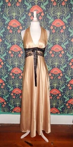 Vintage 90's Y2k Gold Champagne Satin Empire Waist Halter Bow Prom Dress 5/6 - Picture 1 of 8