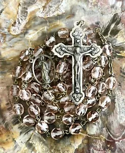 Vintage Faceted Crystal Glass Pink Rosary Beads Roma Italy Silver Tone 5 Decades - Picture 1 of 5