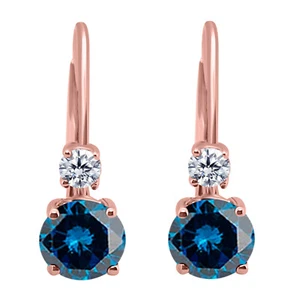 0.75 Carat Natural Blue & White Diamond Leverback Earrings for Women in 14K Gold - Picture 1 of 29