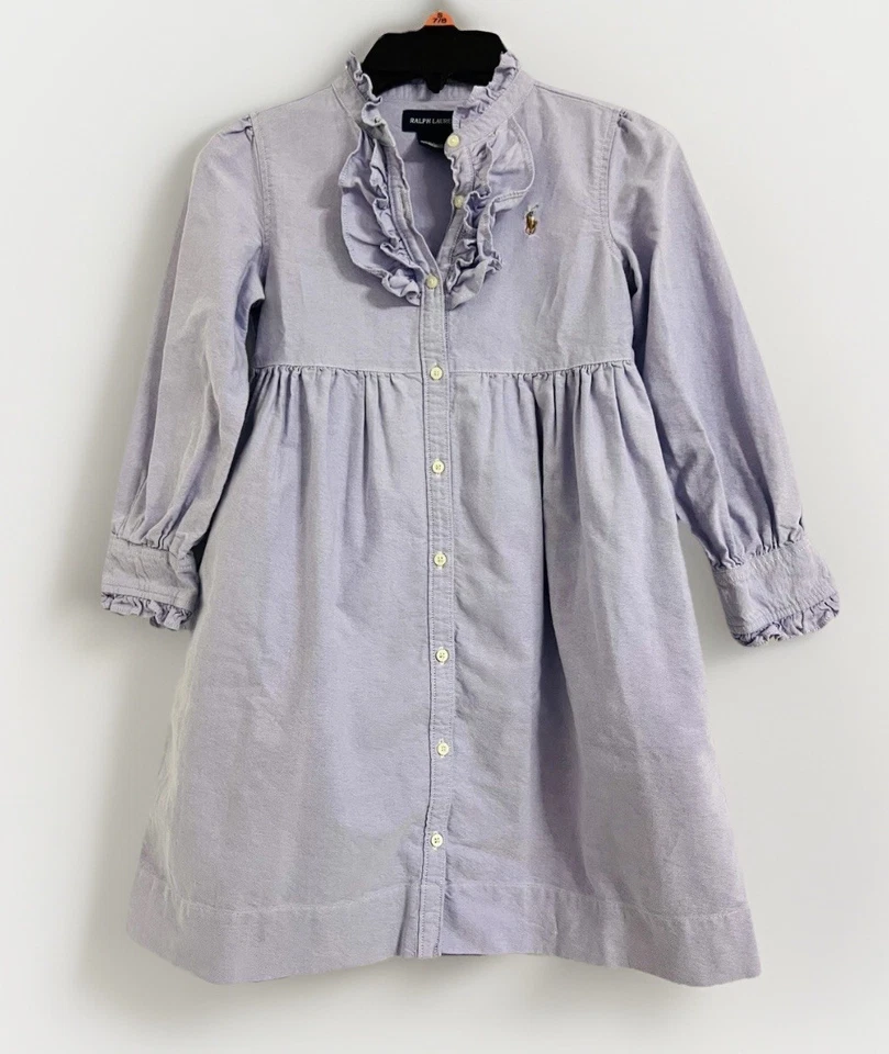Vestido Camisa Ralph Lauren RARO Niñas Volantes Acampanado Manga Larga 6X Lavanda Púrpura Foto 1 de 4