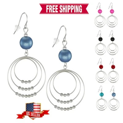 Delicados pendientes colgantes boho de aro con cuentas de plata de ley .925, opciones de color Foto 1 de 4