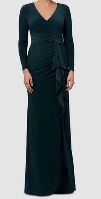 Betsy & Adam Women's Green Ruched Ruffled V-Neck Gown Dress Size 14 - Image 1 of 3