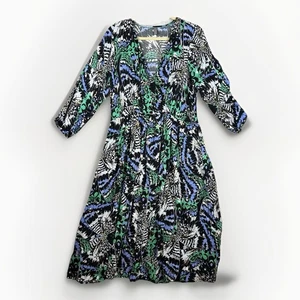 Culture Dress Midi L 3/4 Sleeve Faux Wrap Butterfly Print Gold Accents Artsy - Picture 1 of 7