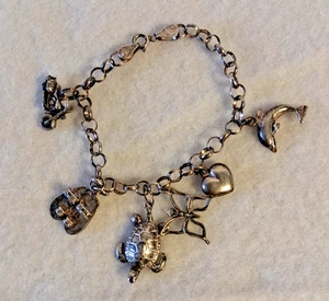 925 Sterling Silver Charm Bracelet with 5 Charms - Travel and Beach Themes - Picture 1 of 15