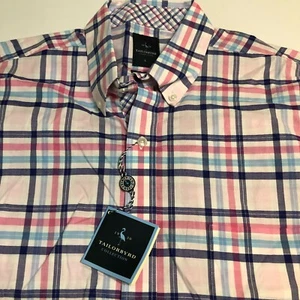 Tailorbyrd Mens NWT SS Button Down Shirt White Pink Navy Sz L Trim Fit Stretch - Picture 1 of 4