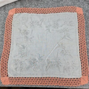 Vintage Handkerchief 14x14 White & Peach Crochet Edge Sheer Thin Ballet Dancers - Picture 1 of 14