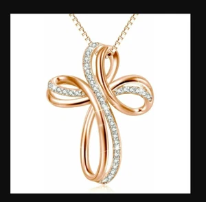 1CT Round Lab Created Diamond Cross Pendant 18" Free Chain 14K Rose Gold Plated - Picture 1 of 5