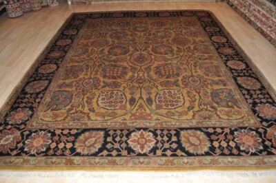 _HECHA A MANO_ALFOMBRA_8' x 10' ALFOMBRA DE LANA DE PRIMERA CALIDAD ANUDADA A MANO NEGRA Y DORADA  Foto 1 de 4