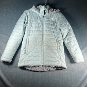 The North Face Girls Puffer Jacket Size L Light Blue Minky Lined Hooded Full Zip - Picture 1 of 17