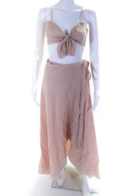 Miguelina Womens Linen Lace Trimmed Crop Top Maxi Skirt Set Pink Size S L - Image 1 of 3