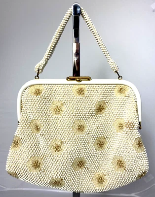 Cartera reversible de flores de oro blanco con cuentas de corde luminosas de colección de los años 50 ideal para boda Foto 1 de 4