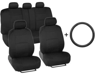 Fundas de asiento de coche delanteras/traseras + cubierta de volante de cuero de microfibra negra Foto 1 de 4