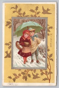 1884 Trade Card Calendar Winter Couple Snow Umbrella & Muff 1883 Calendar Card - Picture 1 of 2