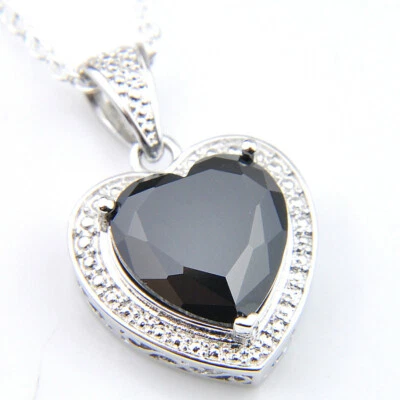 最新 Love Heart 天然黑玛瑙宝石银色迷人项链吊坠 — 第 1/4 张图片