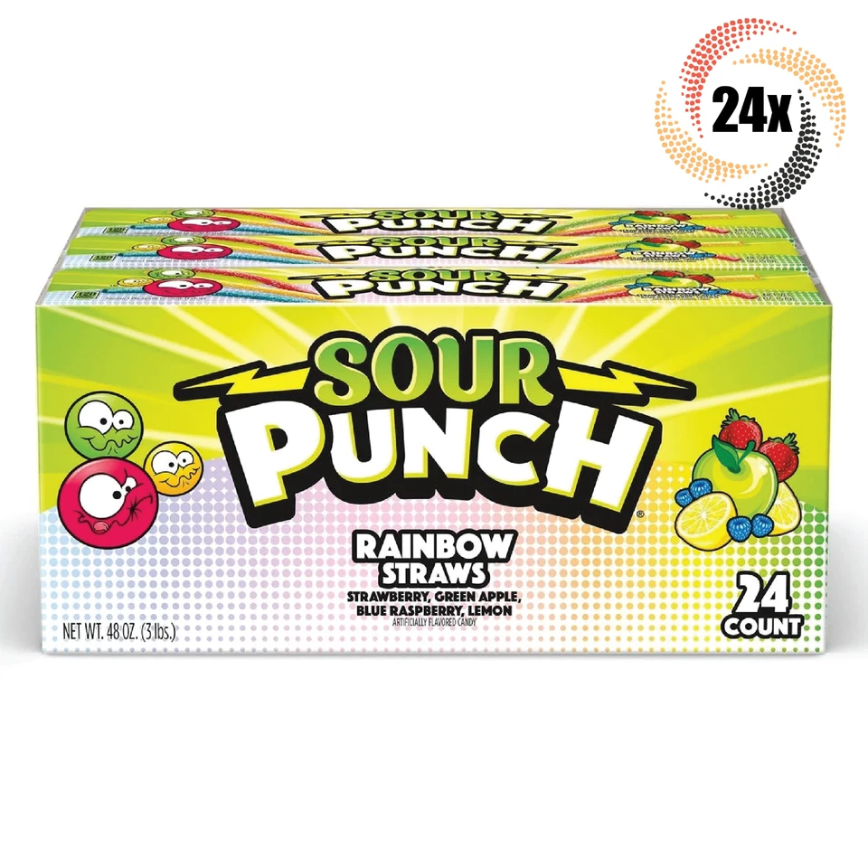Sour Punch Straws Rainbow Fruit Chewy Sweet & Sour Candy 2oz Tray (24 Pack)