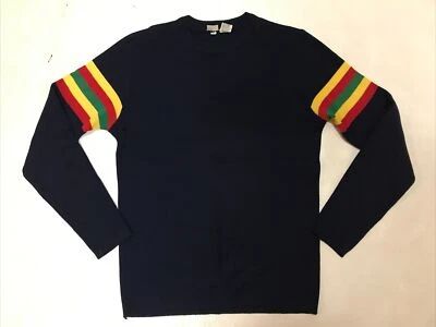 Vintage 60s 70s Mens M Blue Fine Wool Sweater Striped Sleeves Hong Kong  Mod - Image 1 of 4