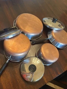 REVERE WARE Copper Btm Pots with Lids-1 Qt 2 Qt Pots; 8” Skillet w Lid 10”skille - Picture 1 of 12