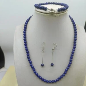 Pendientes pulsera collar piedras preciosas cuentas 6 mm redondos lapislázuli azul 18/7,5"" - Imagen 1 de 4