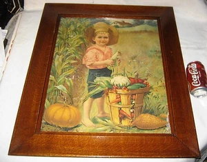 ANTIQUE FOLK ART COUNTRY CORN HARVEST FARM BOY PICTURE PRINT LITHO HOME FRAME US - Picture 1 of 11
