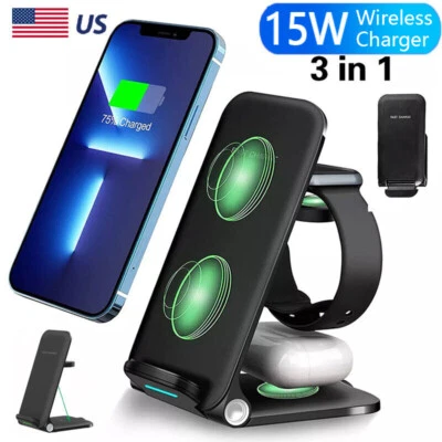 3 IN 1 Wireless Charger Charging Dock Desktop Stand for iPhone Airpods iWatch - Image 1 of 4