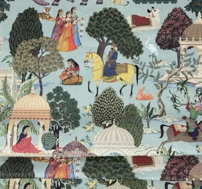 Regalia Blue Cotton Fabric Tree Animals Horses Elephants Peacock Maharajah India - Image 1 of 4