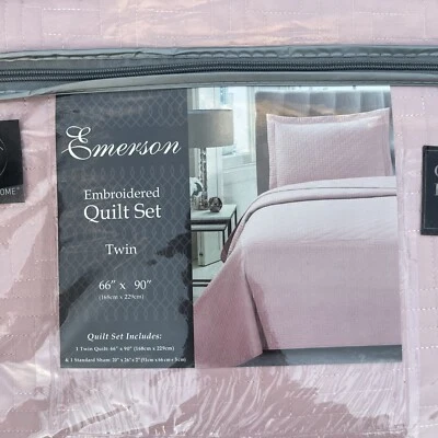 Emerson Quilt Blanket & Sham Set Pink Embroidered 66” X 90” Twin NEW - Image 1 of 4