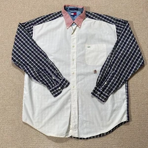 VINTAGE Tommy Hilfiger Shirt Mens XL White Plaid Patchwork Pattern 90s Crest USA - Picture 1 of 13