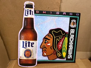 Vintage Chicago Blackhawks Miller Lite Metal Tacker Sign NHL Hockey 37x33 Size - Picture 1 of 14