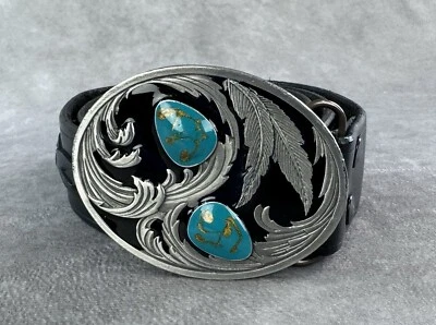 Cinto de couro vintage 1996 Siskiyou pena esmalte turquesa R-2 feito nos EUA tamanho 38 - Imagem 1 de 4