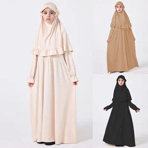 Ramadan Kids Girls Dubai Aran Muslim Long Dress Kaftan Abaya Overhead Khimar Set - Picture 1 of 17