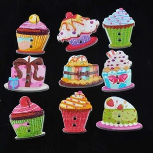 20 Pcs Wooden Cake Buttons Mixed Colour cake Pattern Decorative Buttons 2 Holes - Picture 1 of 7